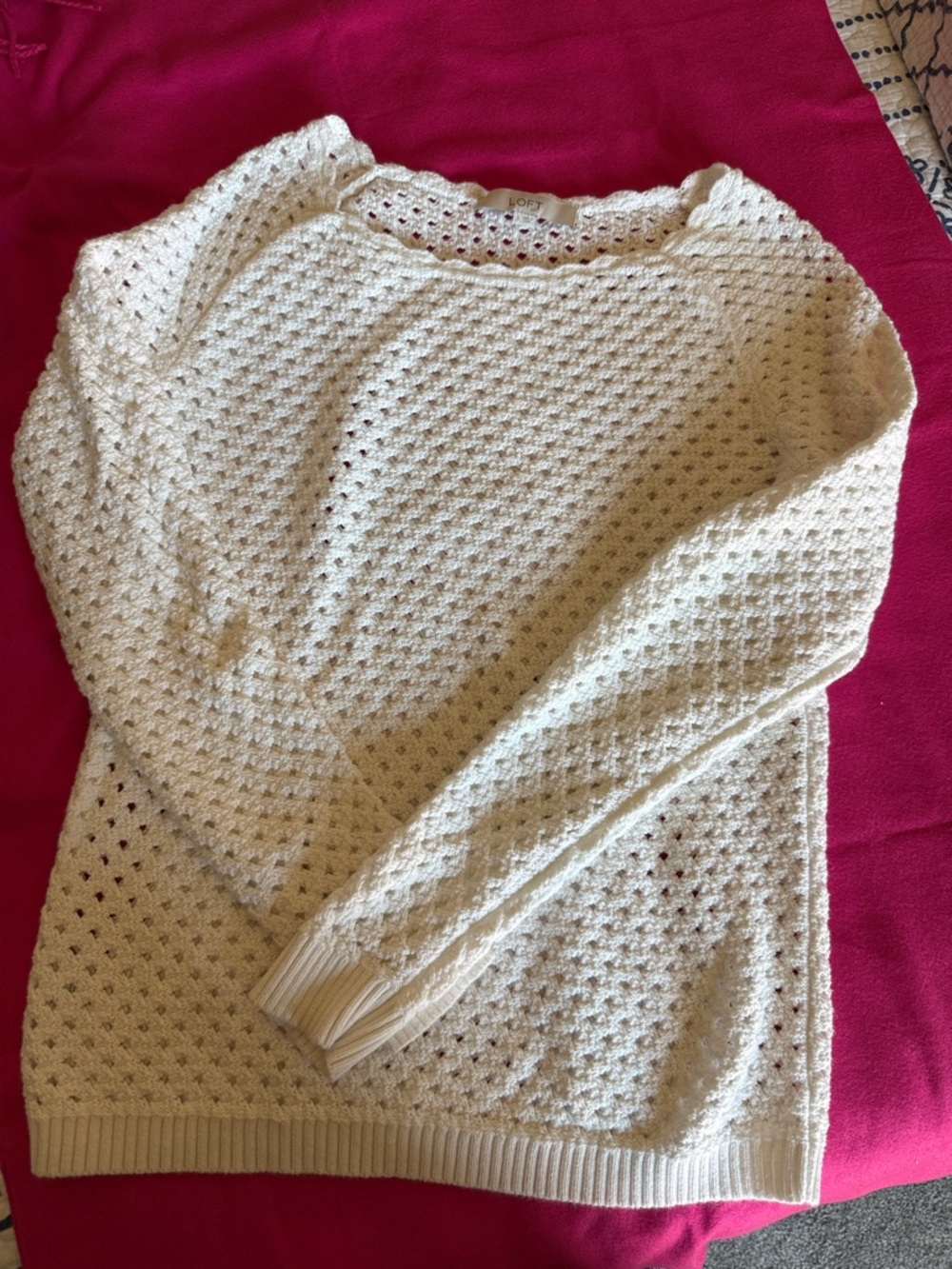 LOFT Cream Open-Weave Crewneck Sweater with Ruffle neckline